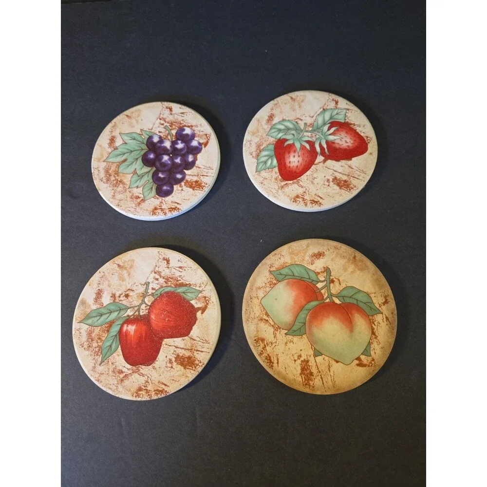 Vintage Circular Ceramic Tile and Cork Coaster Set Fruit Illustrations 4pc